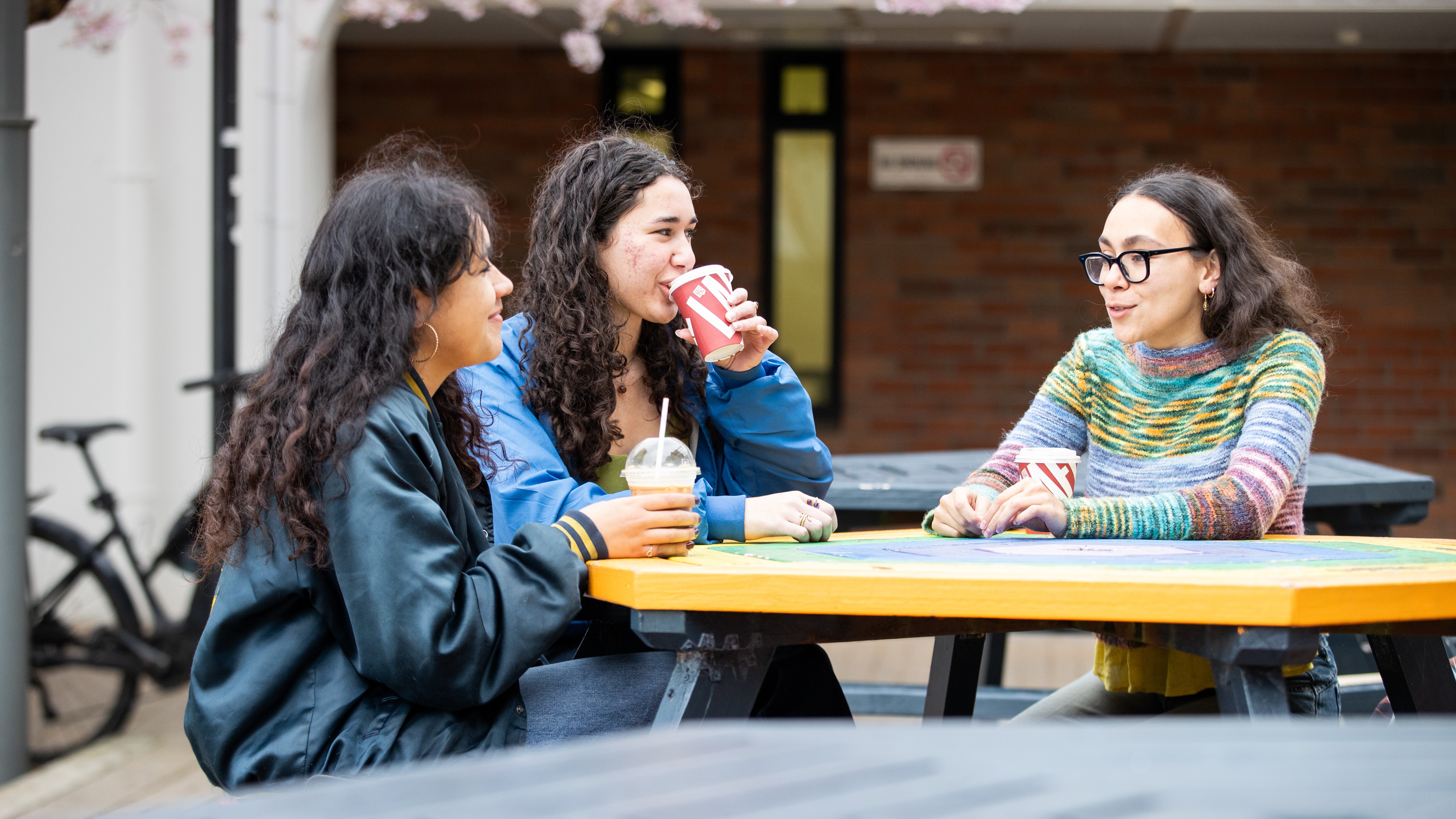 three young women talking around an outdoor table at Massey University