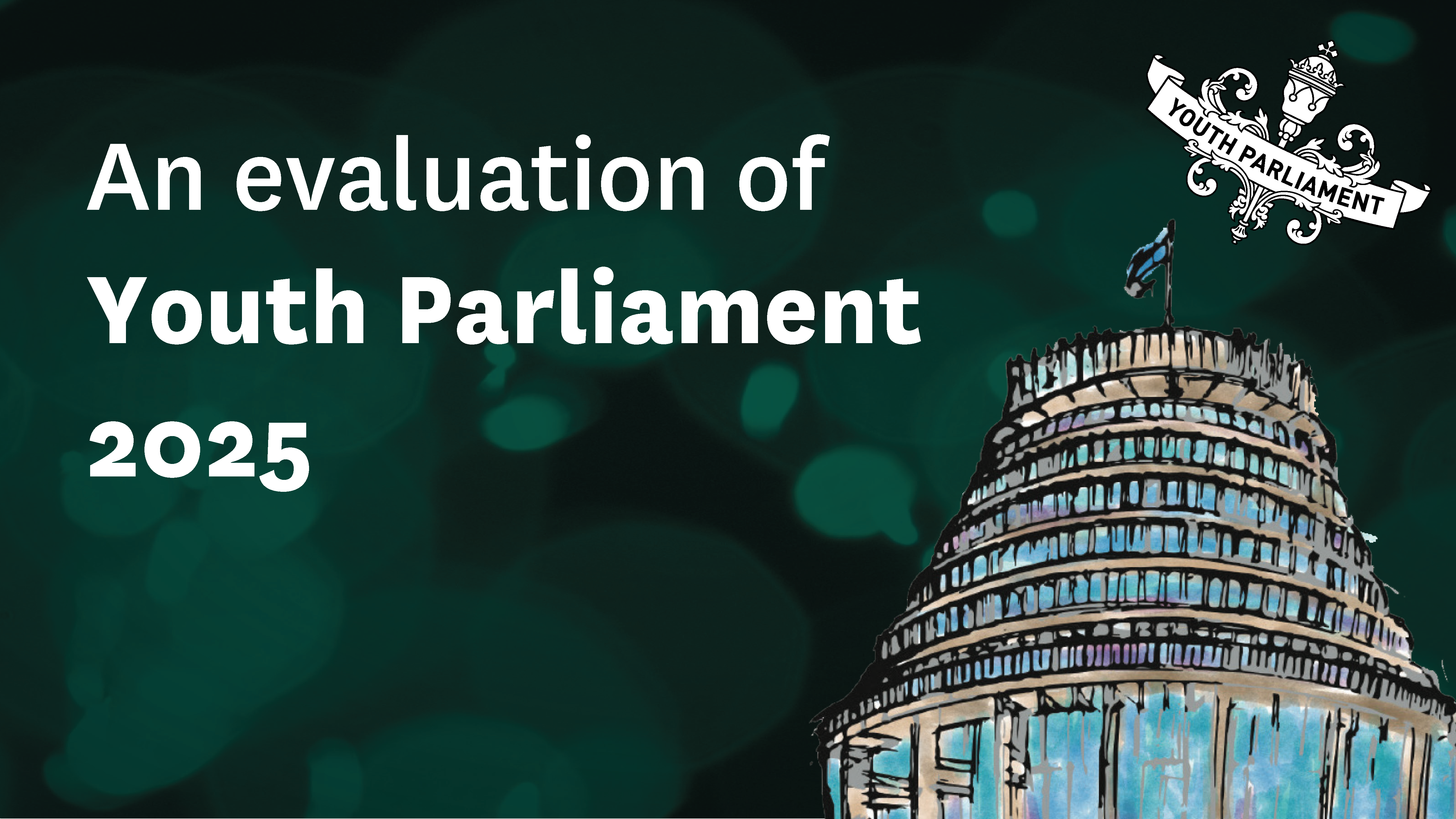 Publication title card reading An evaluation of Youth Parliament 2025 with a stylized image of the Parliament Beehive