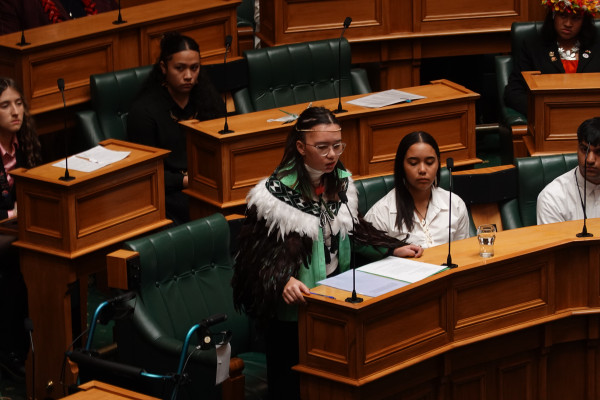 Payton Māata Matthews-Runga is pictured presenting her General Debate speech in the Parliament Debating Chamber
