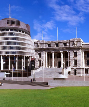 Wide shot of Parliament Buildings on a clear day in Wellington