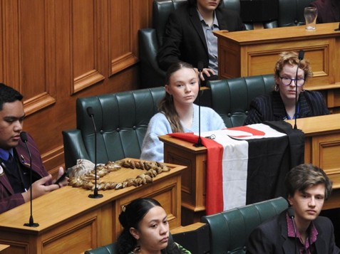 Image from the Debate Chamber shows an ulafala and Tino Rangatira flag laid on desks in protest