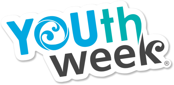 Graphic text showing Youth Week in blue and black coloured font with the Ara Taiohi spiral logo as the 'O' in Youth